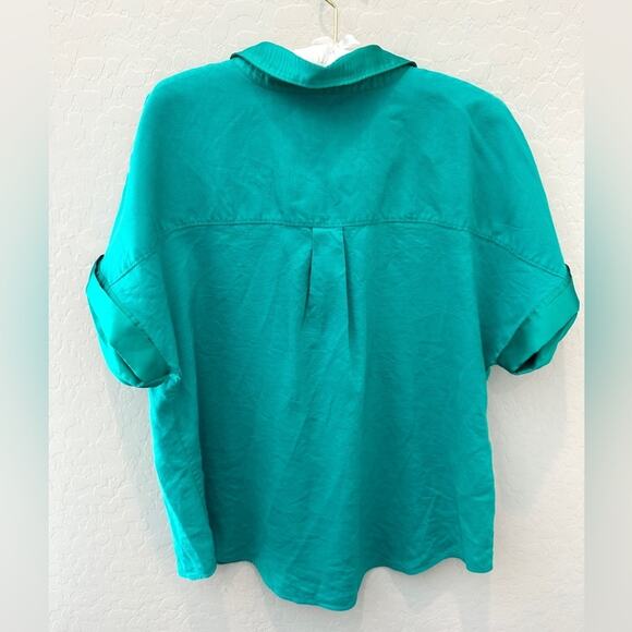 CHICO’S | Bright Green Linen Blend Satin Trim Popover Blouse | Size 2 Large - Picture 5 of 7